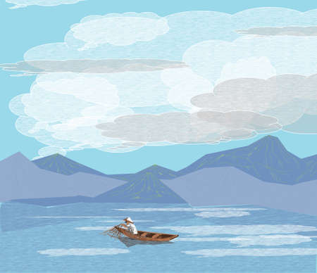 fisherman illustrations and mountain scenery are very beautiful for home wall decorationの写真素材