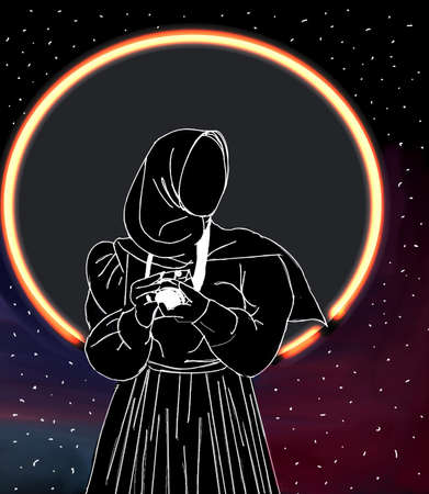 illustration of a girl in a hijab whose hobby is photographing the night skのイラスト素材