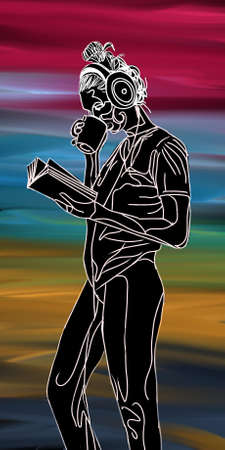 illustration of a girl reading a book, enjoying music and a cup of coffee, very good for product designのイラスト素材