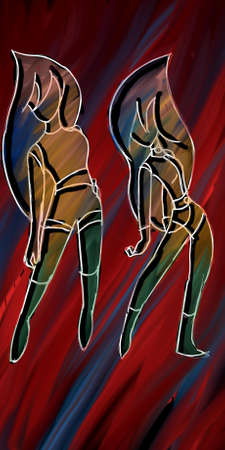 illustration of two girls posing for their uniqueness, very good for product designのイラスト素材