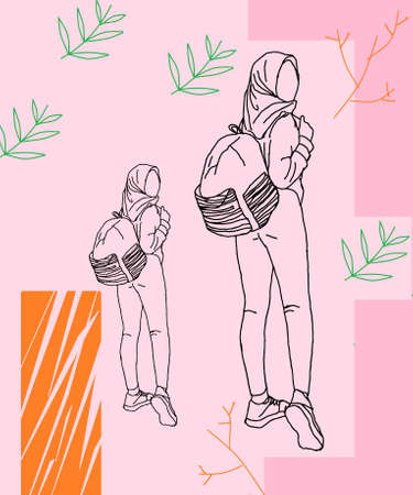 art, love, black and white, illustration, vector, hijab, girls, girlのイラスト素材