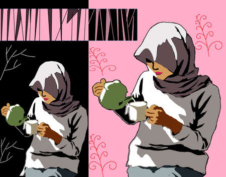 illustration of girl in hijab pouring tea into a cup, very good for product designのイラスト素材