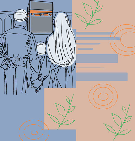 illustration of a Muslim family praying in front of the Kaaba, very ideal for product designのイラスト素材