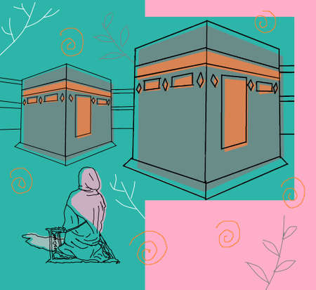 illustration of a Muslim girl sitting cross-legged in front of the Kaaba, very beautiful for product designのイラスト素材
