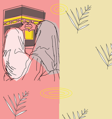 illustration of 2 muslim girls making a love sign with their fingers in front of the kaaba, very good for product designのイラスト素材