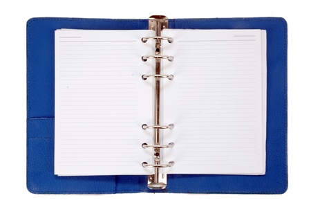 an opened blue leather notebook isolated on white backgroundの写真素材