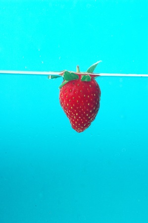 strawberries splash into water の写真素材