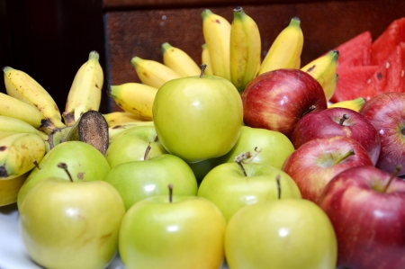 various fruits on a table for dessertの写真素材