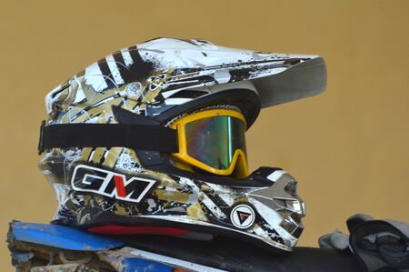 TARAKAN, INDONESIA - MAY ,13, 2017, : helmet motocross above the motocross saddle