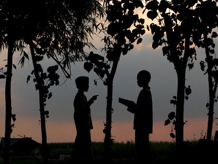Natural silhouettes of children chatting and playing under a bamboo treeの写真素材
