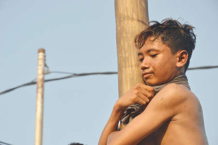 TARAKAN - INDONESIA. 17 August 2019 ; Panjat Pinang, Climbing slippery pole competition or Panjat...