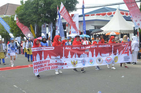 TARAKAN - INDONESIA. 18 August 2019 ; Drumband attractions on carnival marches celebrating...