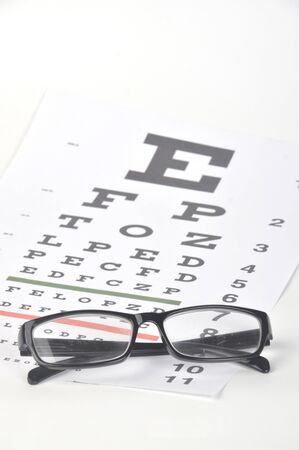 Eye glasses on eyesight test chart background close upの写真素材