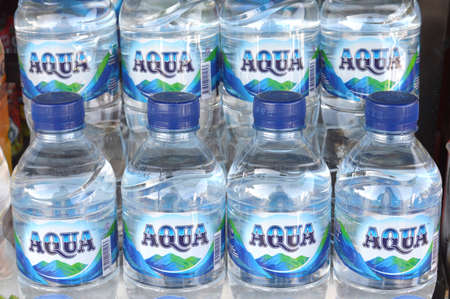 TARAKAN - INDONESIA, 1 MARCH 2020 : rows of mineral water in plastic bottlesのeditorial素材