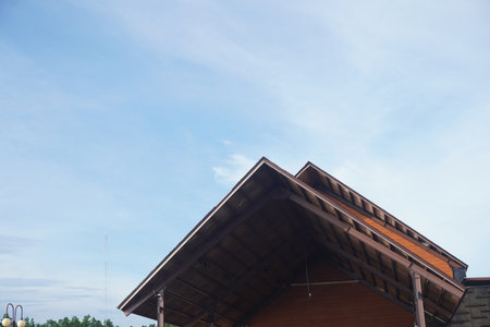 A striking modern building roofline against a clear, bright blue sky with subtle wisps of clouds....