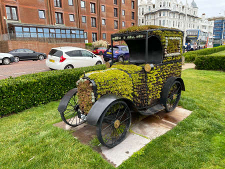 A vintage car has been decoarated in green floral arrangement making an unusual sculpture in town centre.Bexhill home of motor racingのeditorial素材