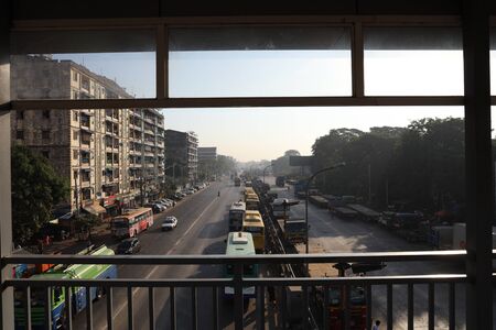 YANGON/MYANMAR - 25th Dec, 2019 : street in the city, sule pagoda, yangonのeditorial素材
