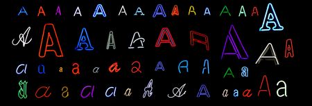 collection of a number of different neon letter A isolated on black - part of a series of neon lettersの写真素材