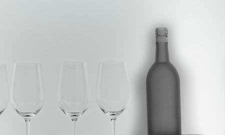 collection of wine glasses and frosted glass wine bottleの写真素材