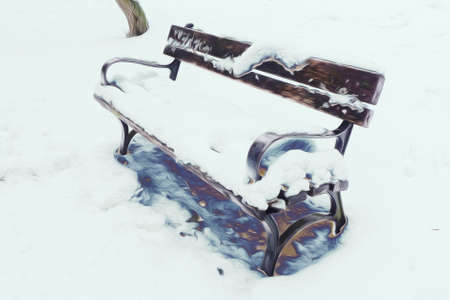 Snowy picturesque park benchの写真素材