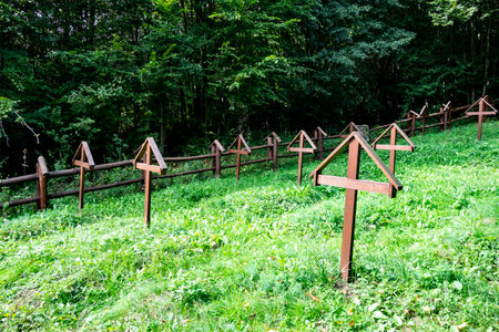 War cemetery after the First World War in the forest near the village of ZbojnÃ© Slovakia, mostly Austro-Hungarian and German soldiers and several Russian soldiers are buried hereの写真素材