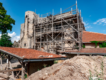 The ruins of Vinne Castle and its surroundings in the Zemplin region of Slovakia during reconstructionのeditorial素材
