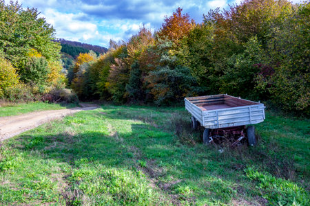 Parked car trailer in autumn natureの写真素材