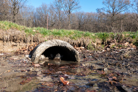 The damaged but functional sewage pipe drains rainwater into the lake