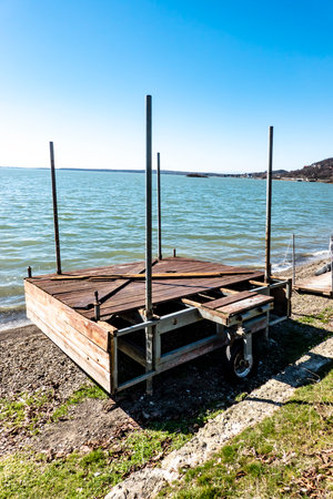 Floating pier on the shoreの写真素材