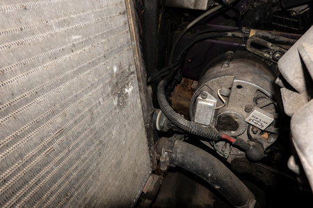 Car engine compartment with alternator and engine coolerの写真素材