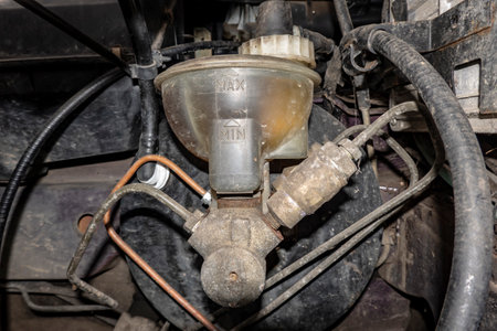 Car brake fluid tank with distribution to the wheel brakesの写真素材