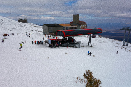Relaxing skiers in a mountain restaurantの写真素材