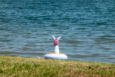 Floating inflatable children's wheel in the form of an animal on a grassy beach by a lake in summerの写真素材