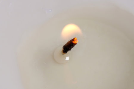 Detail of a burning tea candle and wick on a wax base as a fuel source for the fireの写真素材