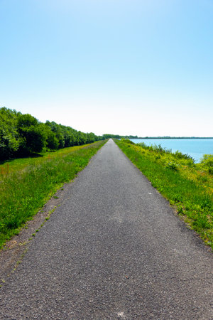 Water dam with a trail of Lake Zemplinska Sirava, Slovakiaの写真素材