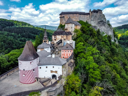 Aerial view of Orava Castle in Slovakia using a droneの写真素材