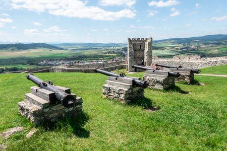 A historical cannon at the Spis castle in Slovakia symbolically aimed behind the walls to defend it