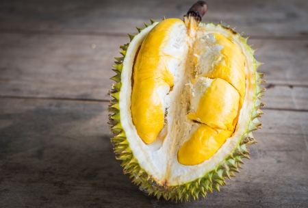 Close up of peeled Durian.By placing the components on the wood board.の写真素材