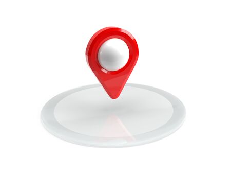 Red map pointer on the podium. Red GPS pointer. isolated on white background. three-dimensional rendering. 3d render illustration.の写真素材