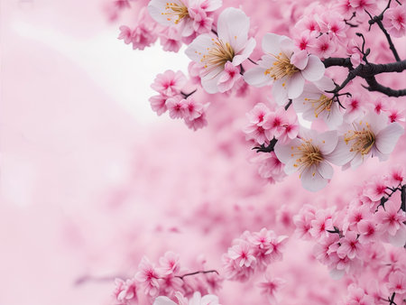 Cherry blossom background, Blurred pastel pink tone, Soft focus, there is an area for text in the corners of the picture. Generative AI.の素材