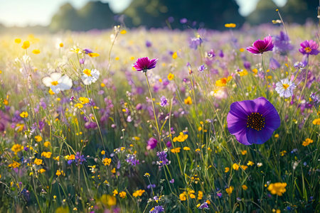 Colorful flower meadow in summer. Wild flowers in spring, bright colors at sunset, Generative aiの素材