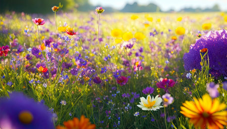 Colorful flower meadow in summer. Wild flowers in spring, bright colors at sunset, Generative aiの素材