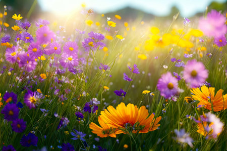 Colorful flower meadow in summer. Wild flowers in spring, bright colors at sunset, Generative aiの素材