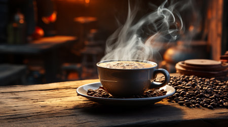 View of smoke floating on coffee mug as well as fresh coffee beans on vintage old wooden board with a bonfire in the background create an atmosphere of shady and warmth. creative and profound piece of art. Generative aiの素材