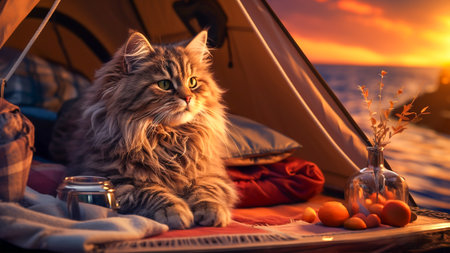 cute furry cat sit in front of a tent by the sea, when camping on weekends. and spend free time to fully relax in nature. Soft sunlight in the sunset. Generative aiの素材