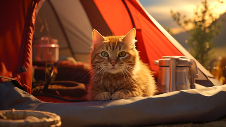 A cute little orange cat who likes to sit in front of a tent, when camping on weekends. and spend free time to fully relax in nature. Soft sunlight in the sunset. Generative aiの素材