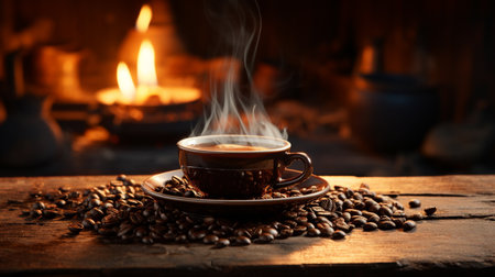View of smoke floating on coffee mug as well as fresh coffee beans on vintage old wooden board with a bonfire in the background create an atmosphere of shady and warmth. creative and profound piece of art. Generative aiの素材