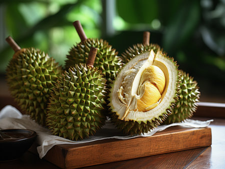 The Green Durian's Golden Surprise nestled up on wooden, Green durian fruit reveals a delightful secret within its spiky exterior a velvety, yellow-hued flesh. Generative AIの素材