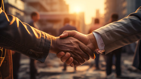 Macro zoom, Shot hands of businessman meeting in a firm shake. Construction contractor join hands in success and good contracts, teamwork and collaboration. Generative AIの素材