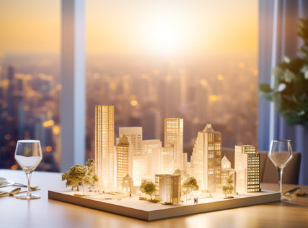 High-rise building models, commercial building models on wooden floors. For design, decoration and decoration for modern beauty. Generative AI.の素材